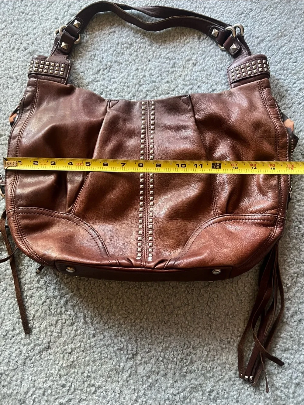 B. Makowsky Brown Animal Print Shoulder Bag, Zip, Studded Tassel, Pocket